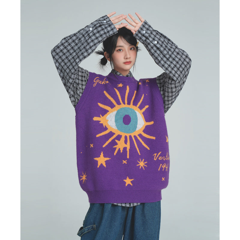 Knitted Sweater Vest for Women – Loose Fit Printed Knitwear in Blue & Purple