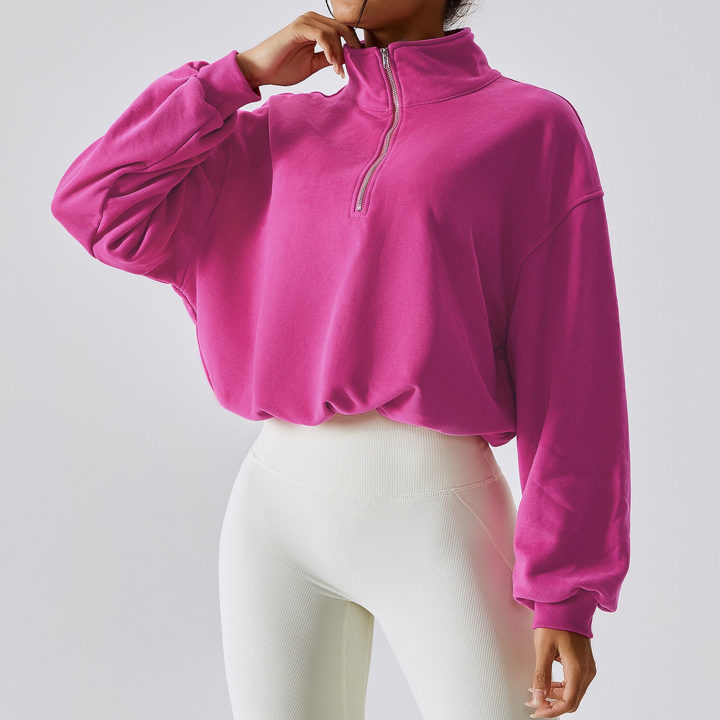 Women’s High Neck Pullover Sweatshirt – 100% Cotton Fitness & Sportswear, Multiple Colors