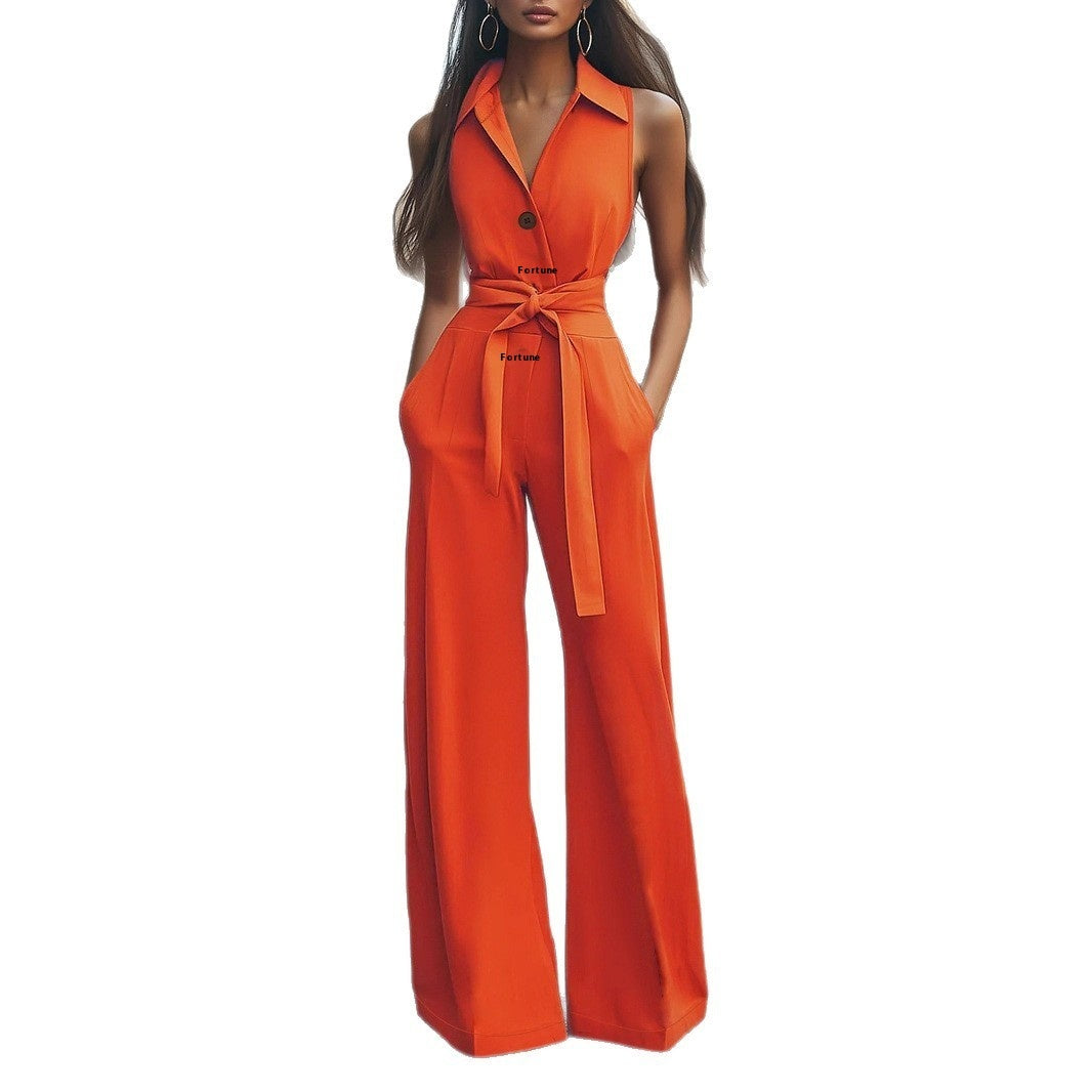 Womens Lapel Collar Jumpsuit 2025 European Style Lace Up Overalls High Cut Flare Pants Button Fly Casual Bodysuit