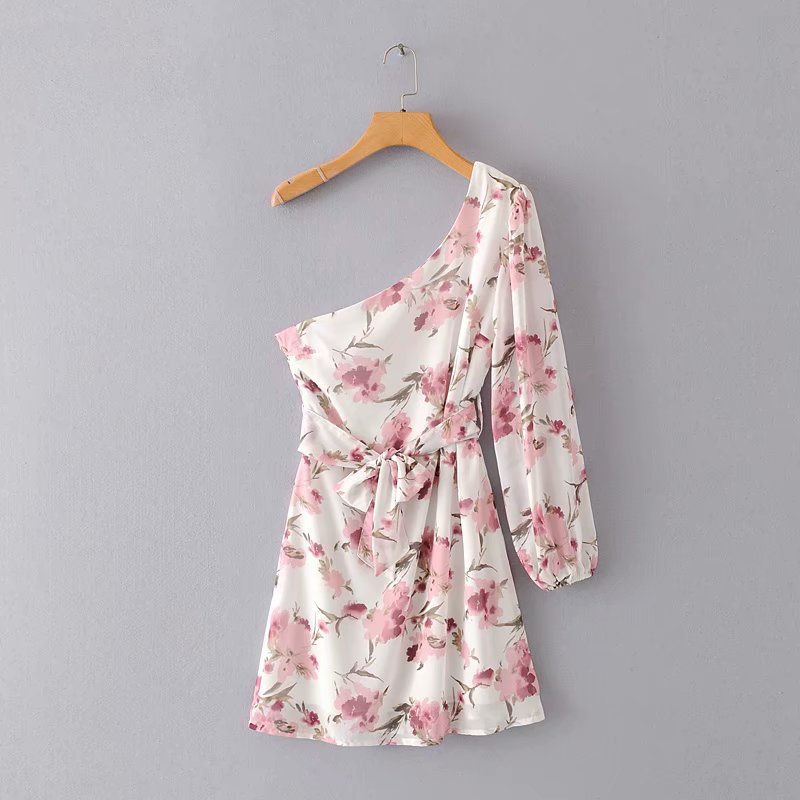 French Style Flare One Shoulder Daisy Printed Summer Dress