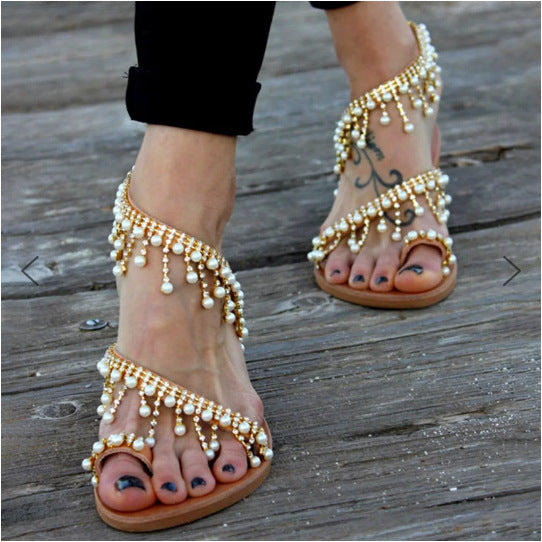Square Faux Pearl Beads Flat Women Sandals