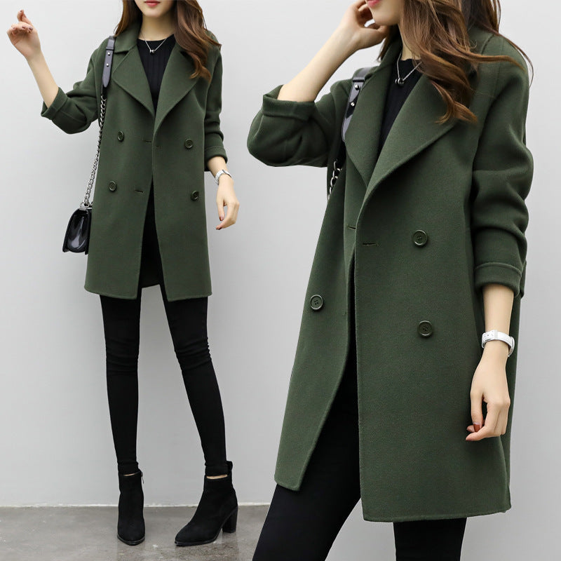 Womens Autumn Retro Double Breasted Loose Slim Fit Woolen Coat