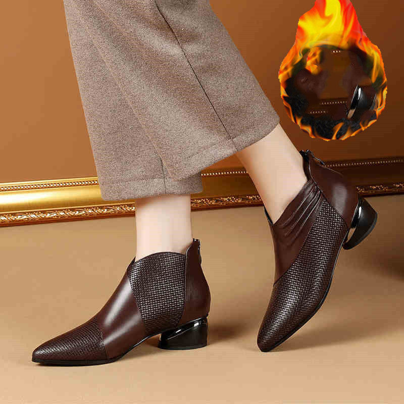 Short PU Leather Mid Heel Black Women Ankle Boots