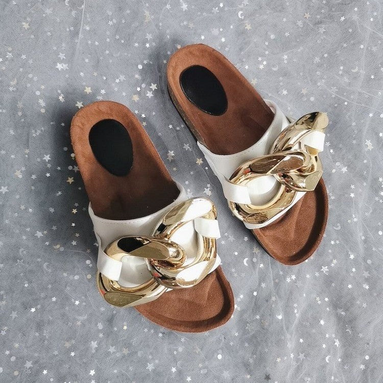 Gold Metal Chain Luxury Women Flat Slippers For Summer