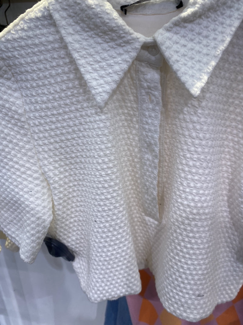 Women S Cropped Button Shirt Blue White Elegant Short Sleeve Office Top