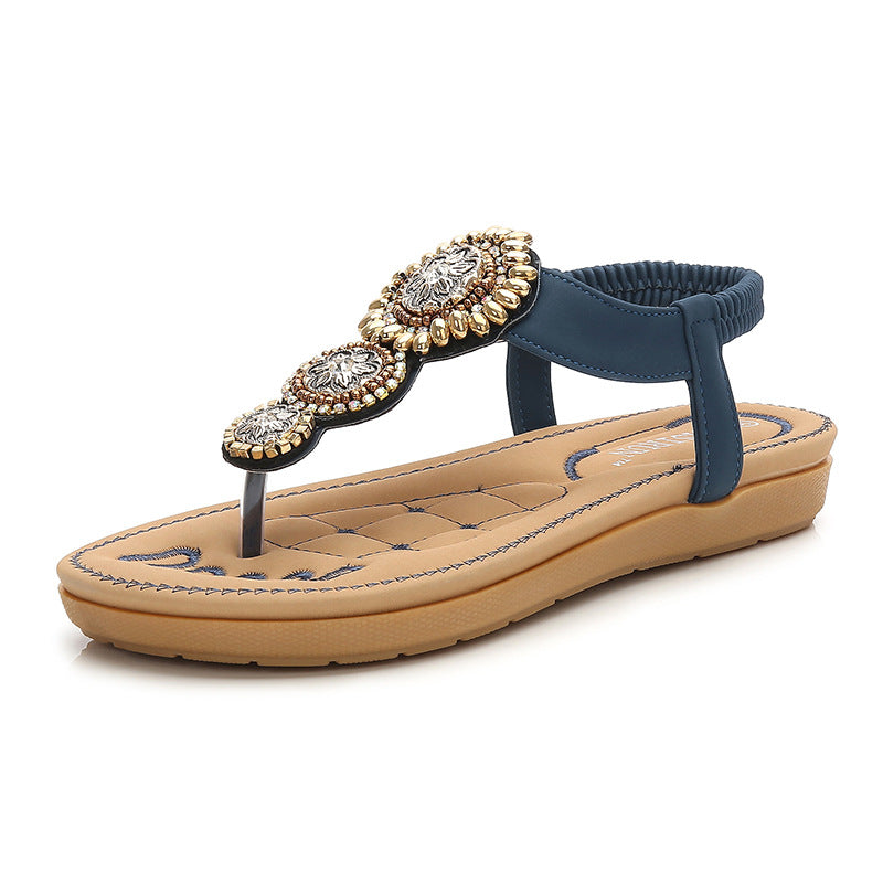 Boho Aesthetic: Chic Black Beaded T-Strap Flat Sandals