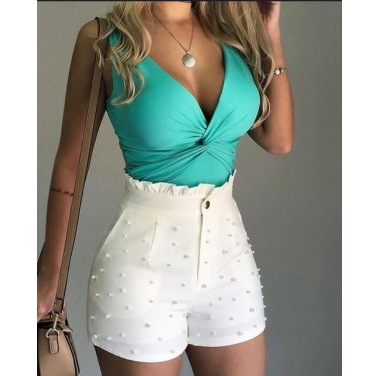 Sexy High Waist Women’s Shorts – Nail Bead Embellished Summer Style