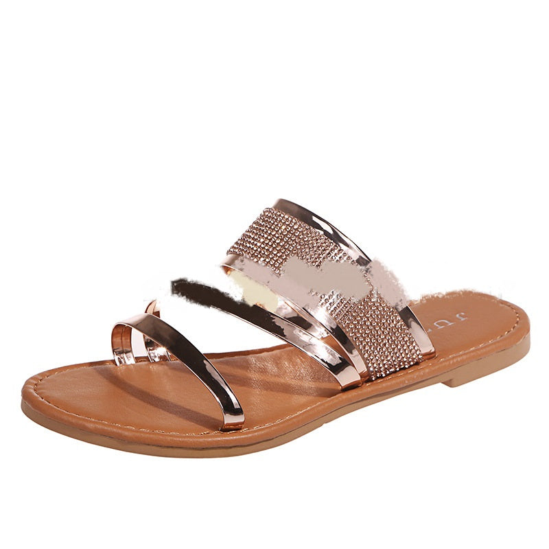 Quiet Luxury: Glamorous Rose Gold Rhinestone Multi-Strap Flat Slides