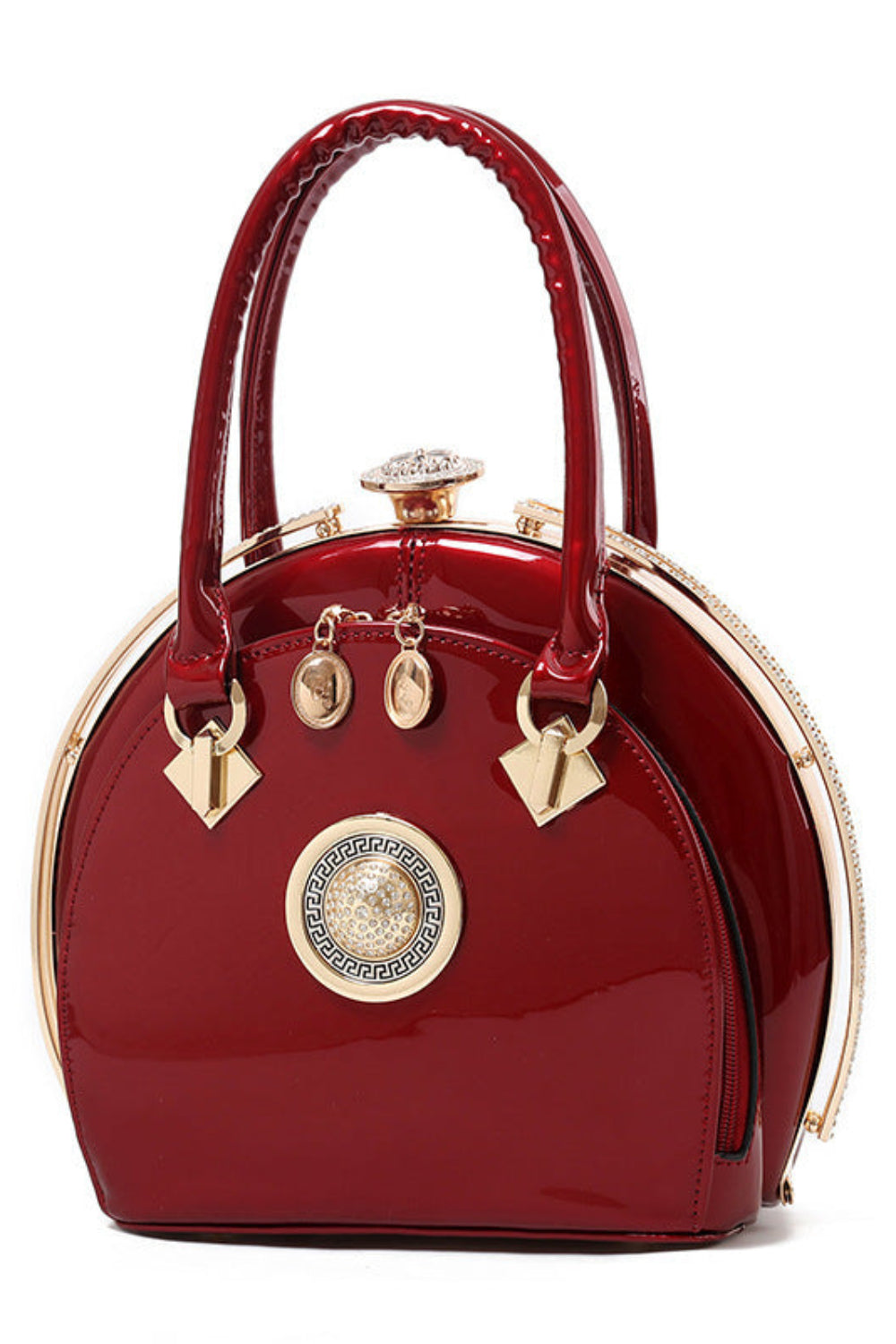 Red handbag with gold accents on a white background