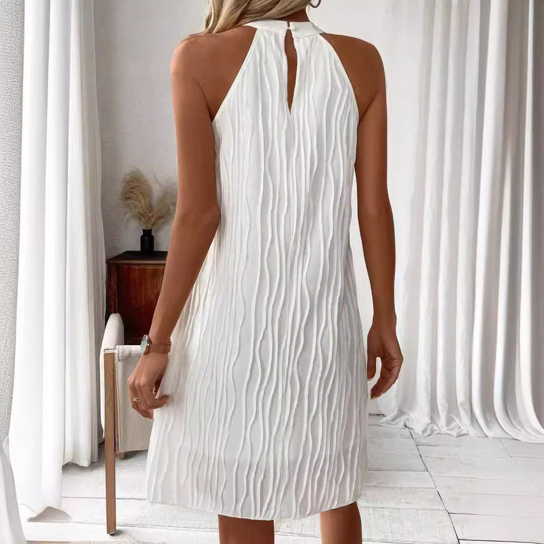 White Halter Backless Dress | Mid-Length Summer Dress & Elegant Vacation Outfit