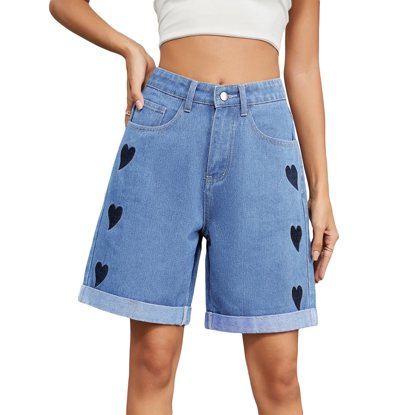 Heart Pattern Blue Denim Shorts Women – Sweet Summer Casual Outfit