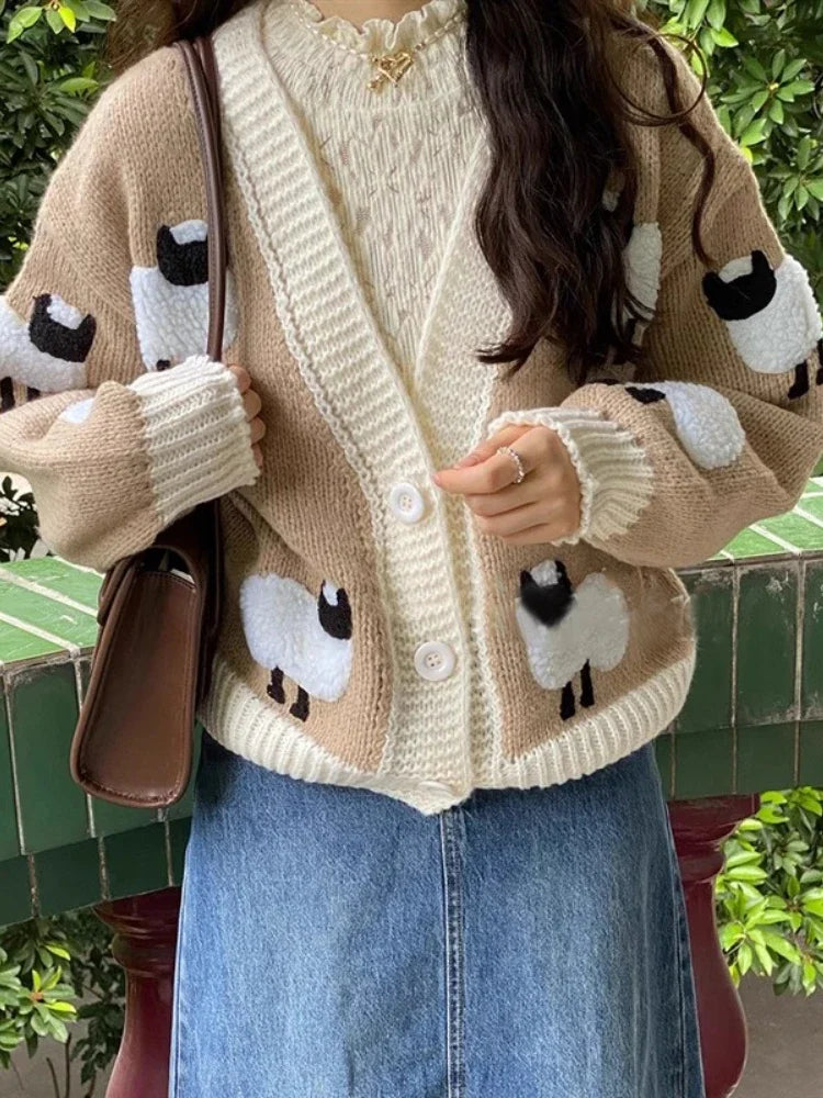 Chunky Sheep Crochet Cardigan – V-Neck Autumn Sweater – 4Colordress