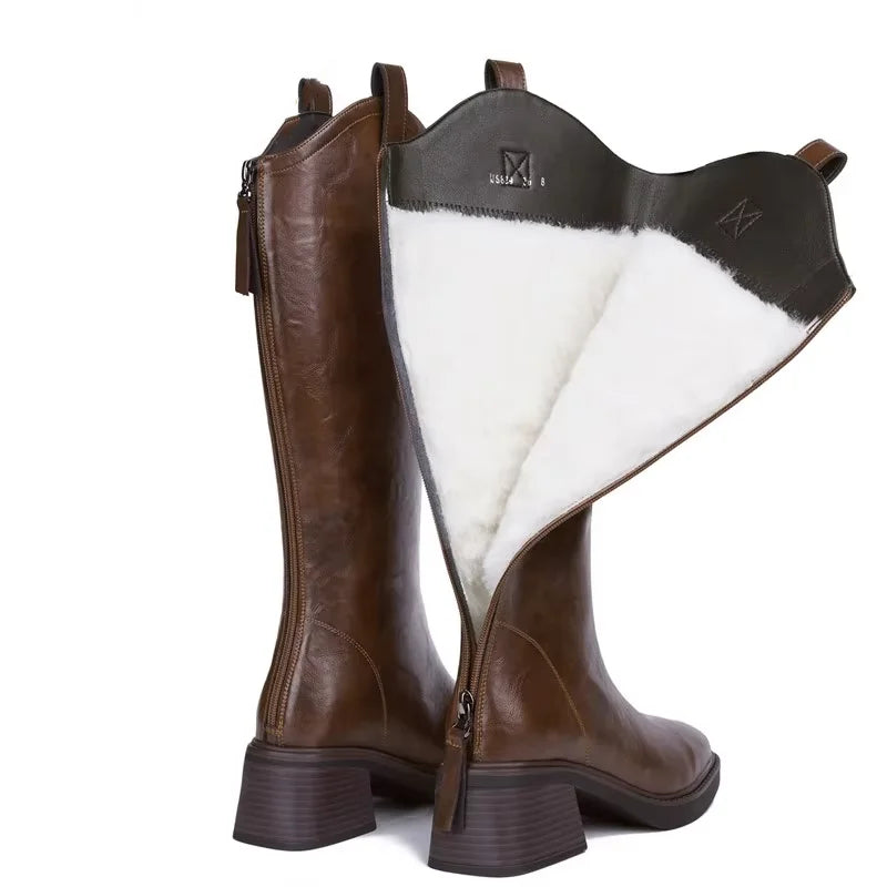 Women’s Long Leather Winter Boots – Wool Lined Mid-Calf Cowboy Style with Square Heel