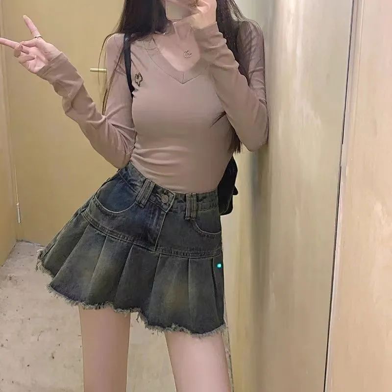 Retro Pleated Denim Skirt for Women