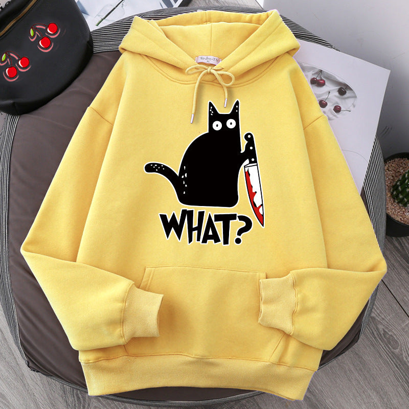 Cozy Style for Teens Killer Black Cat Patterned Wool-Lined Hoodies