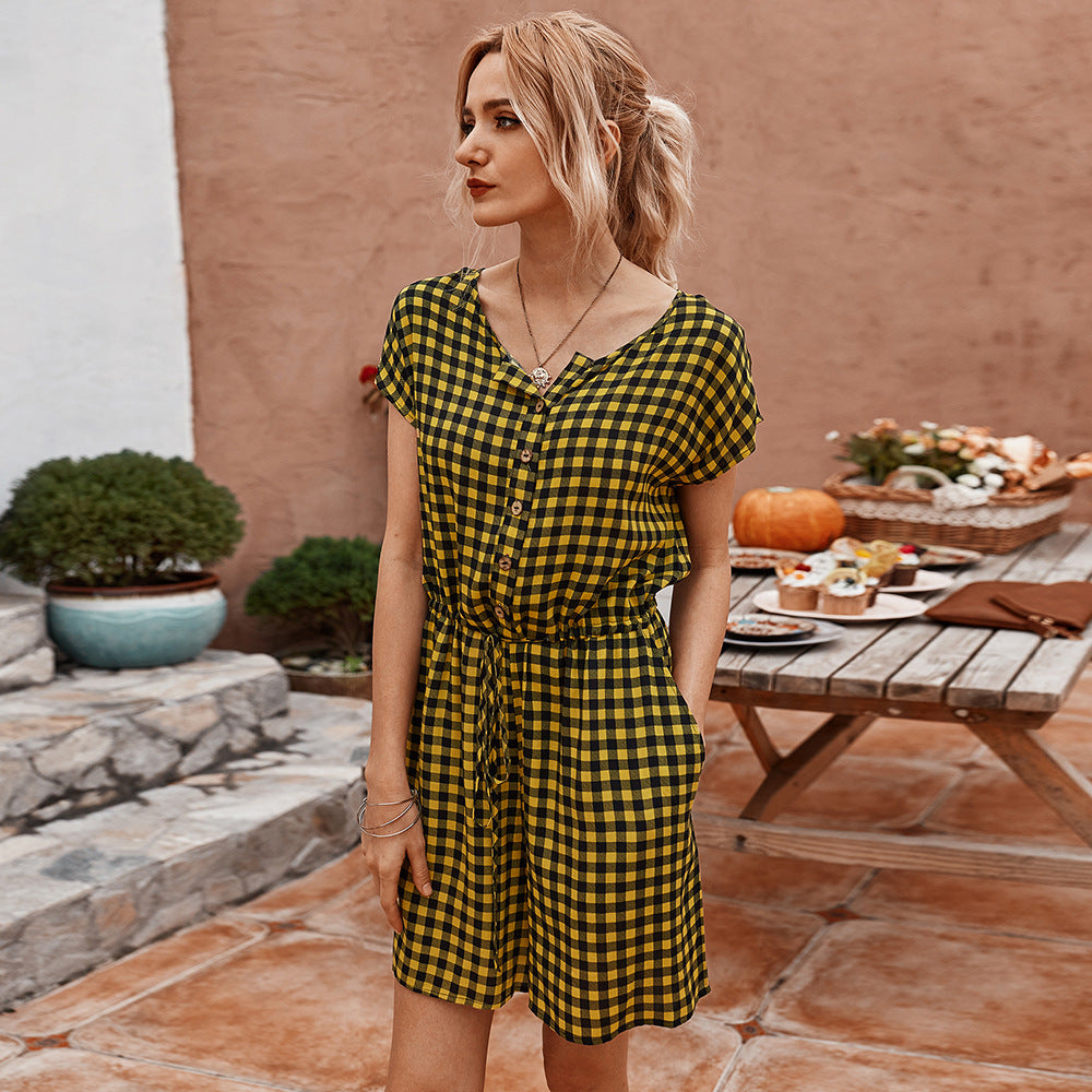 Plaid Rayon-Cotton Jumpsuit for Women – Casual Vintage-Inspired One-Piece Outfit