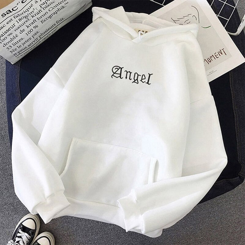 Korean Girl Angel Letter Print Sweatshirt – Trendy Hooded Cotton Hoodie
