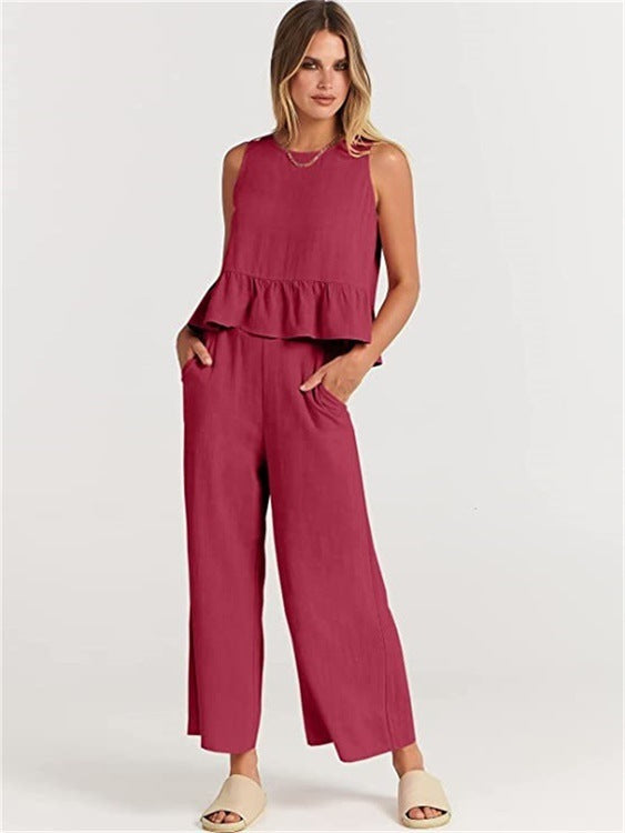 Pleated Sleeveless Vest & Wide-Leg Cropped Trousers Two-Piece Outfit Set | Chic Summer Vibes Style 2025