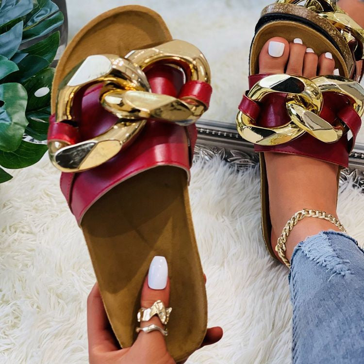 Quiet Luxury: Trendy White Thick Gold Chain Cork Sole Slides