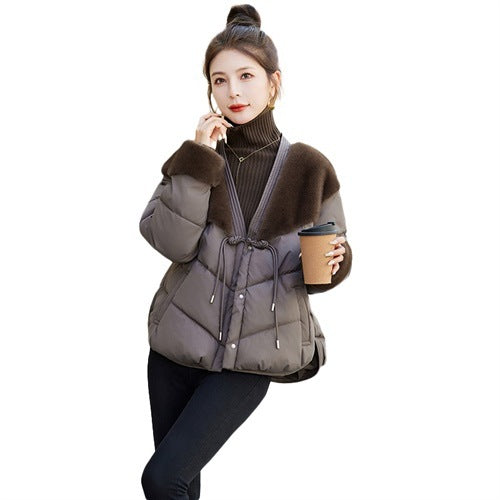 Women Cotton Padded Down Fur Hooded Edge Warm Parka