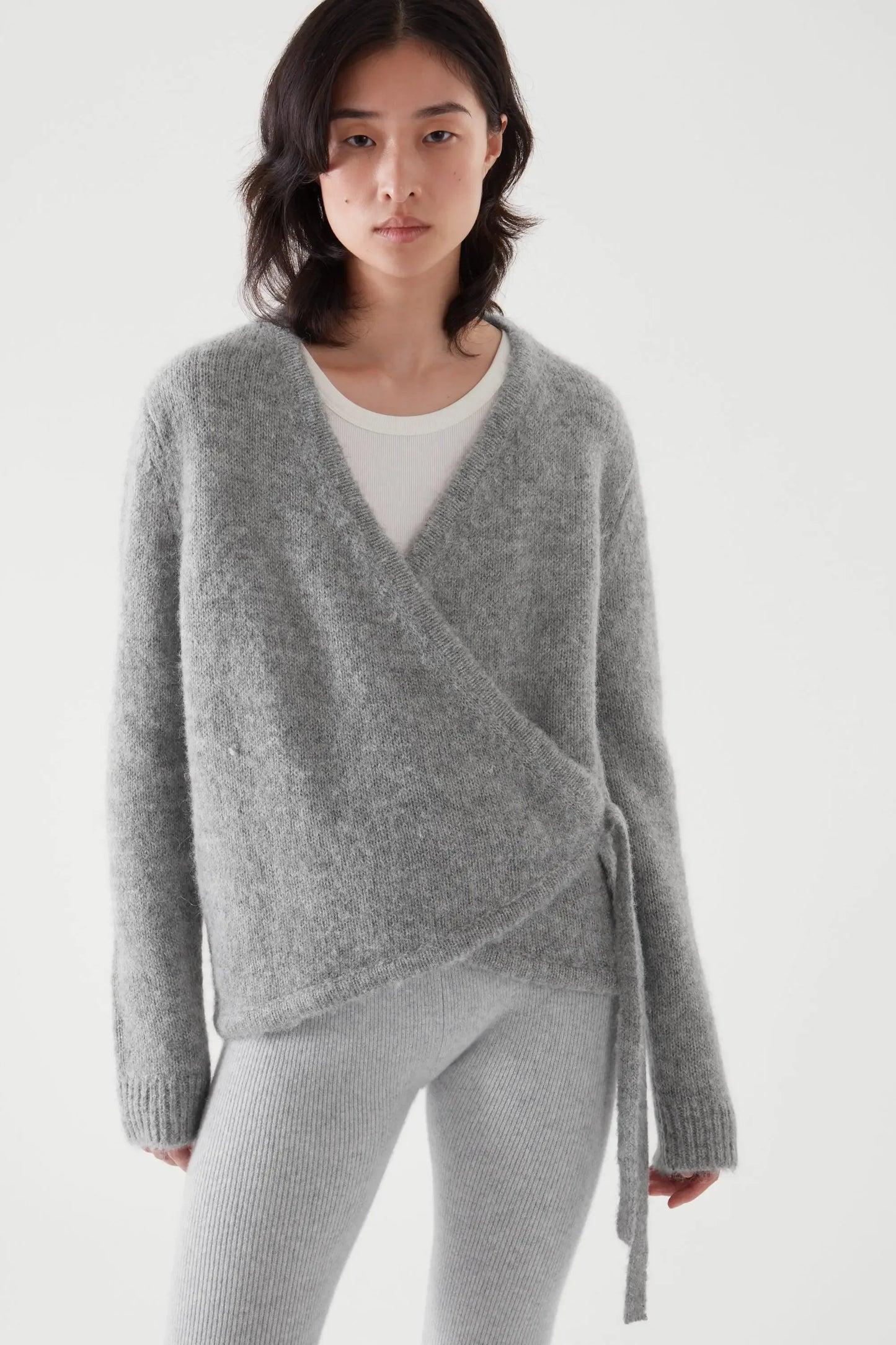 Women's Grey Asymmetrical Wool Cardigan – Lace-Up Knit