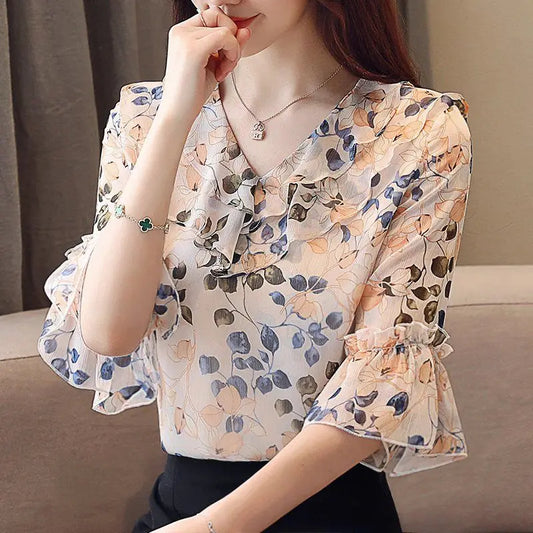 Short Flare Sleeve Plain O Neck Chiffon Women Blouse Top