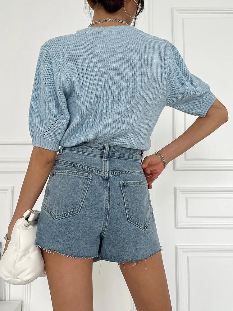 All-Season Comfort Lightweight Loose-Fitting Puff Sleeve Knit Top Sweaters