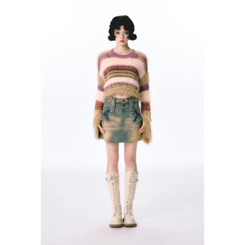 Rustic Loose Striped Knit Sweater Jacket for Women – Fur Spliced Pullover, Casual Spring & Autumn Outfit