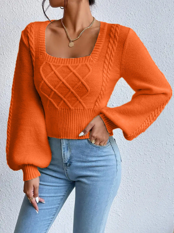 Women's Loose Fit Pullover Sweater – Solid Color Threaded Knit