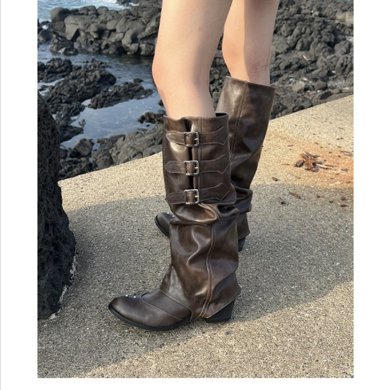 Womens Vintage Brown Western Cowboy Boots Tassel PU Leather Ankle Booties Pleated High Heeled Mid Calf Boots For Autumn Winter