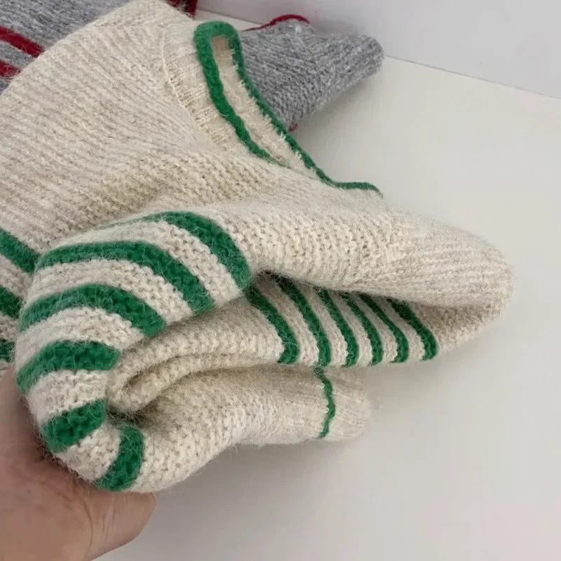 Women’s Retro Striped Knit Pullover – Casual Korean O-Neck Sweater