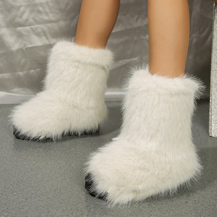 Mid-Tube Furry Cotton Snow Boots for Women | Warm PU Winter Boots Outfit