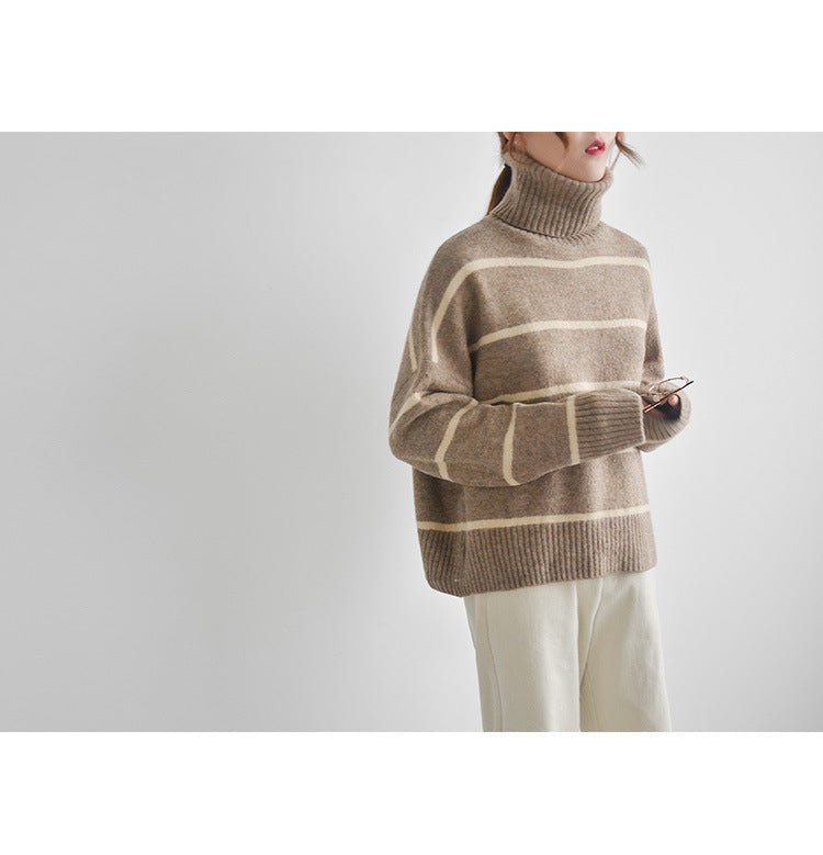 Women’s Striped Turtleneck Sweater – Thick Knit Casual Pullover