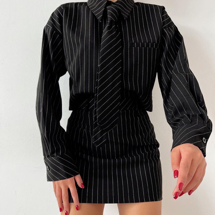 Striped Two-Piece Set for Women – Long Sleeve Tie Shirt & Mini Skirt Officewear Outfit