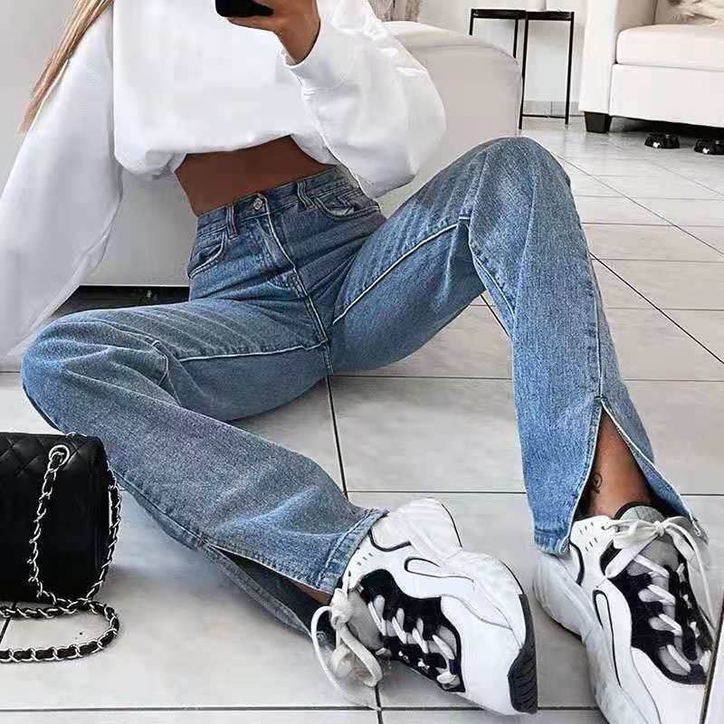 Retro Washed High-Waisted Split Denim Jeans – Straight-Leg Casual & Chic Pants