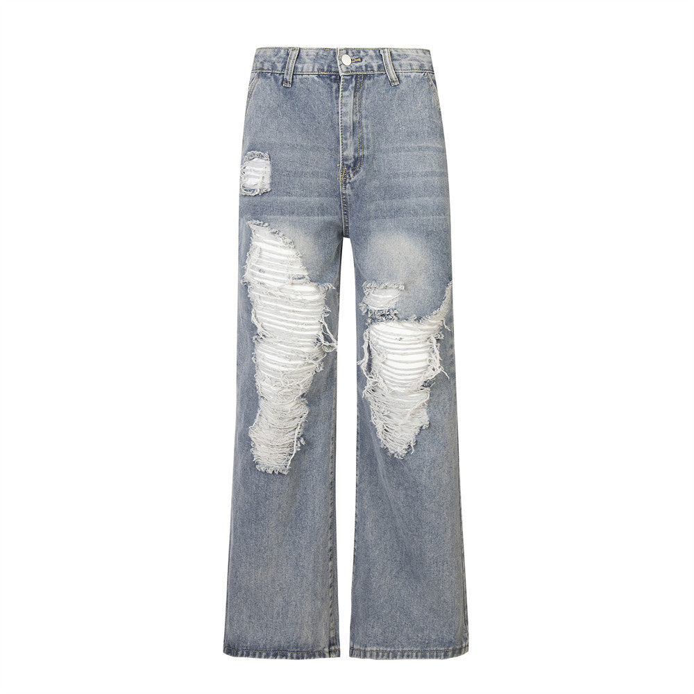 Unisex Ripped Denim Trousers – Mid-Waist Street Style Jeans