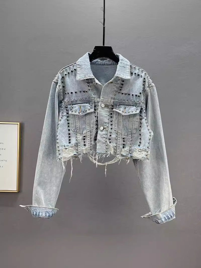 Pearl Beading Design Short Vintage Jean Denim Coats