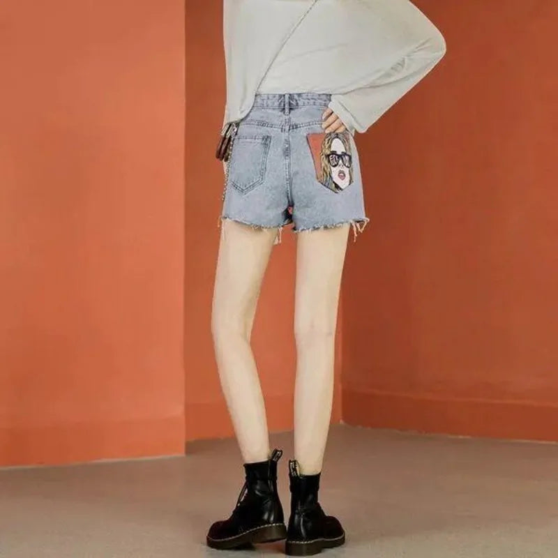 Cartoon Print Wide-Leg Denim Shorts Women – Playful Summer Outfit