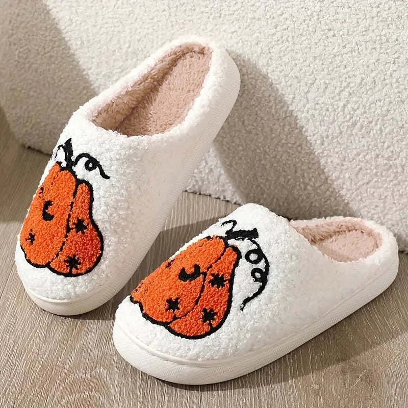 Women’s Pumpkin Print Indoor Slippers – Cozy Halloween House Shoes