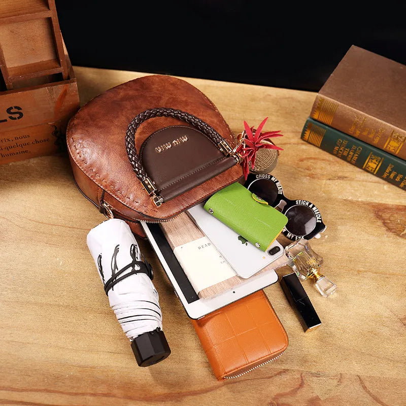 Genuine Leather Round Box Crossbody Bag