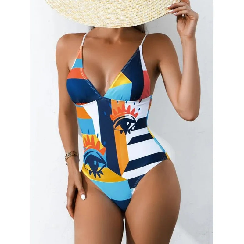 Backless Demon Eyes Print One-Piece Swimsuit | Edgy Graphic Swimwear by Chisalis
