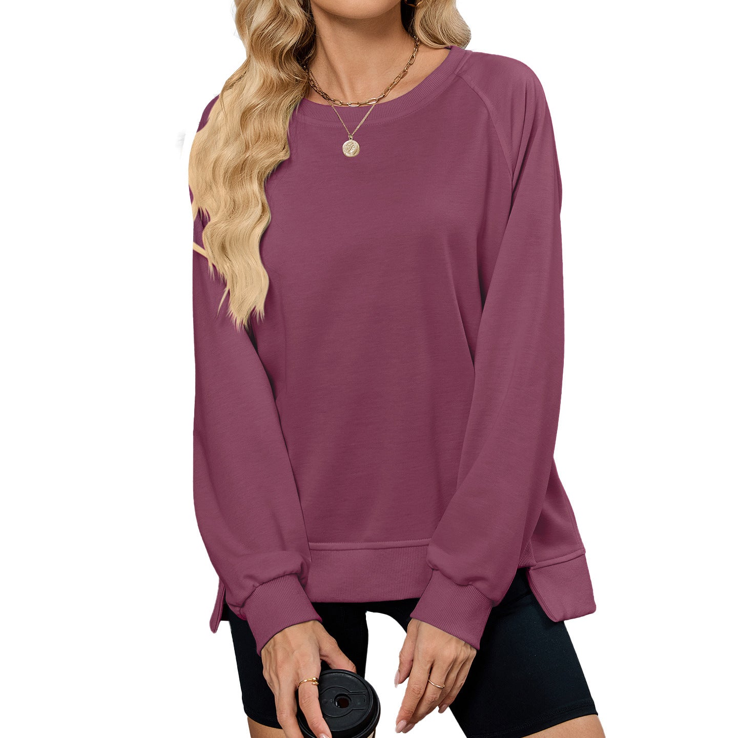 Solid Color Round Neck Sweatshirt – Cozy Loose Fit for Everyday Style