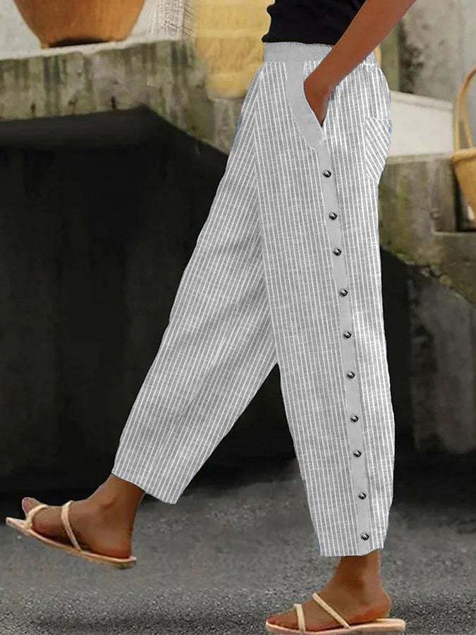 Button Fly Elastic Waist Cool Women Capri Pants