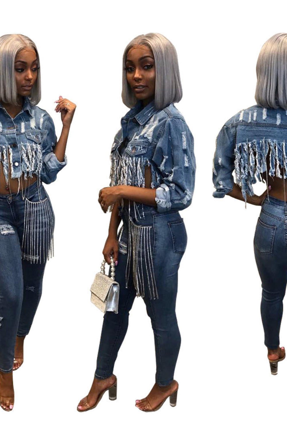 Woman wearing a denim outfit with fringe details on a white background