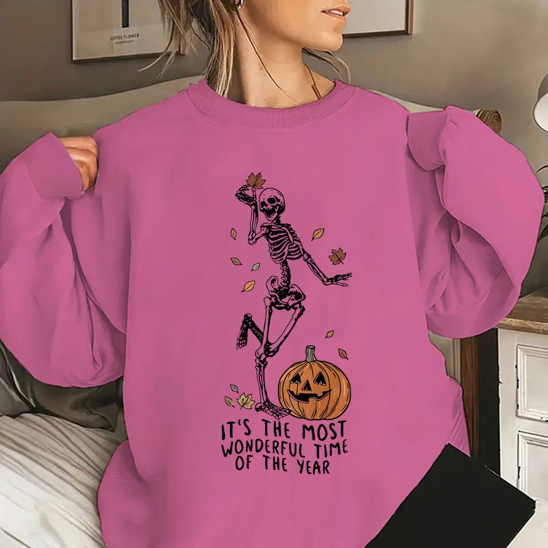 Halloween Skeleton Pumpkin Sweatshirt – Casual Loose Printed Pullover for Women
