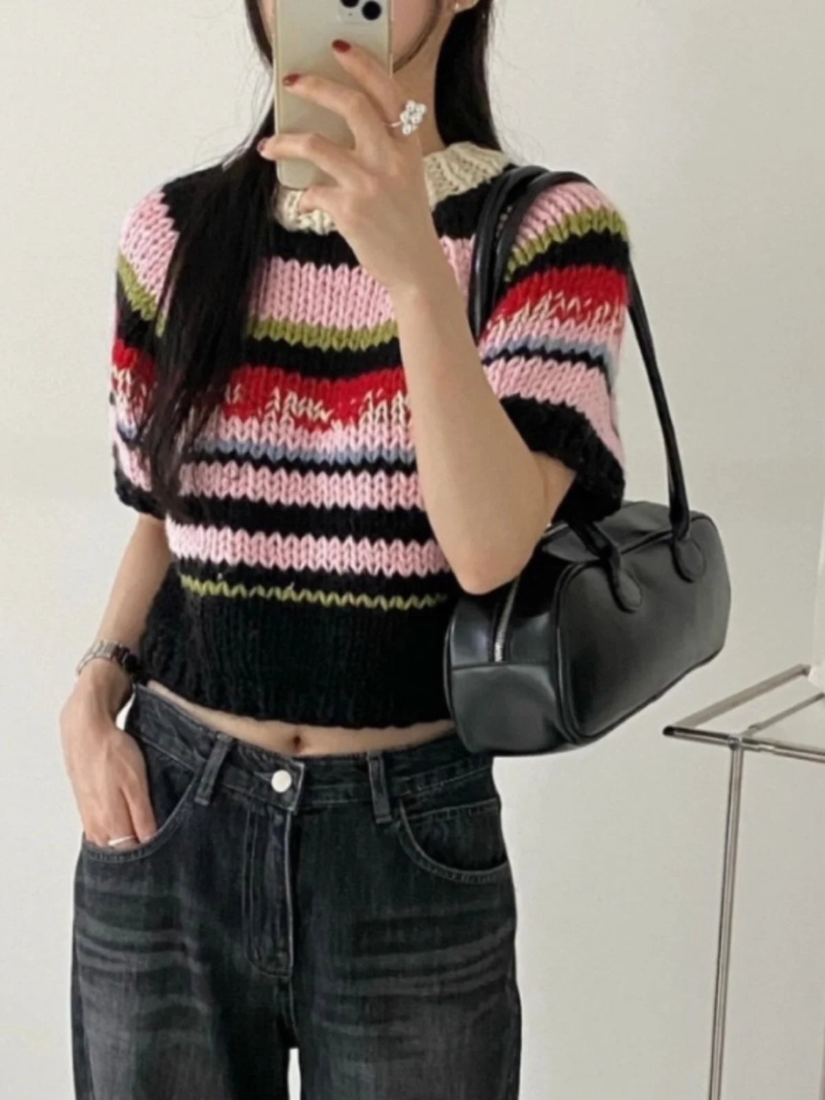 Women’s Rainbow Striped Knit Sweater – Slim Fit Short Sleeve Top