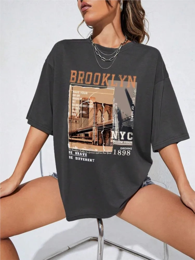 1898 Brooklyn New York Printed Tee – Women’s Casual Cotton Graphic T-Shirt, Summer Street Style Outfit