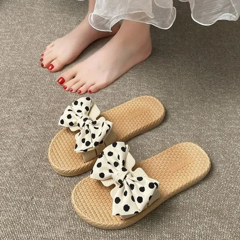 Women’s Polka Dot Bowknot Flat Slippers – Korean Style Summer Sandals