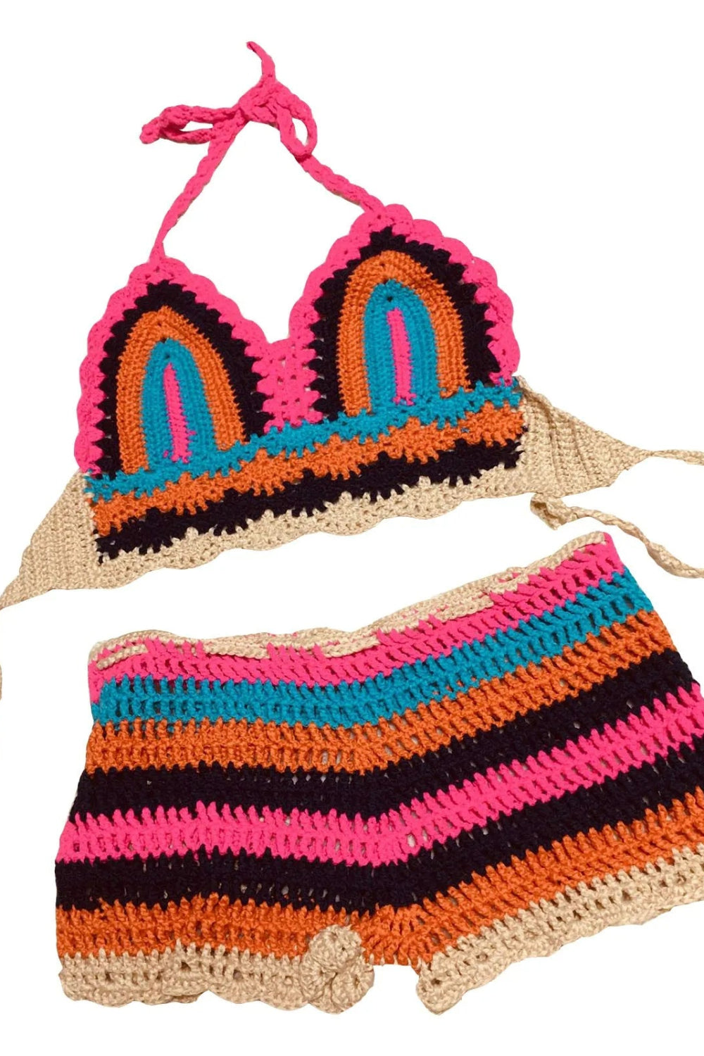Colorful crochet bikini set on a white background