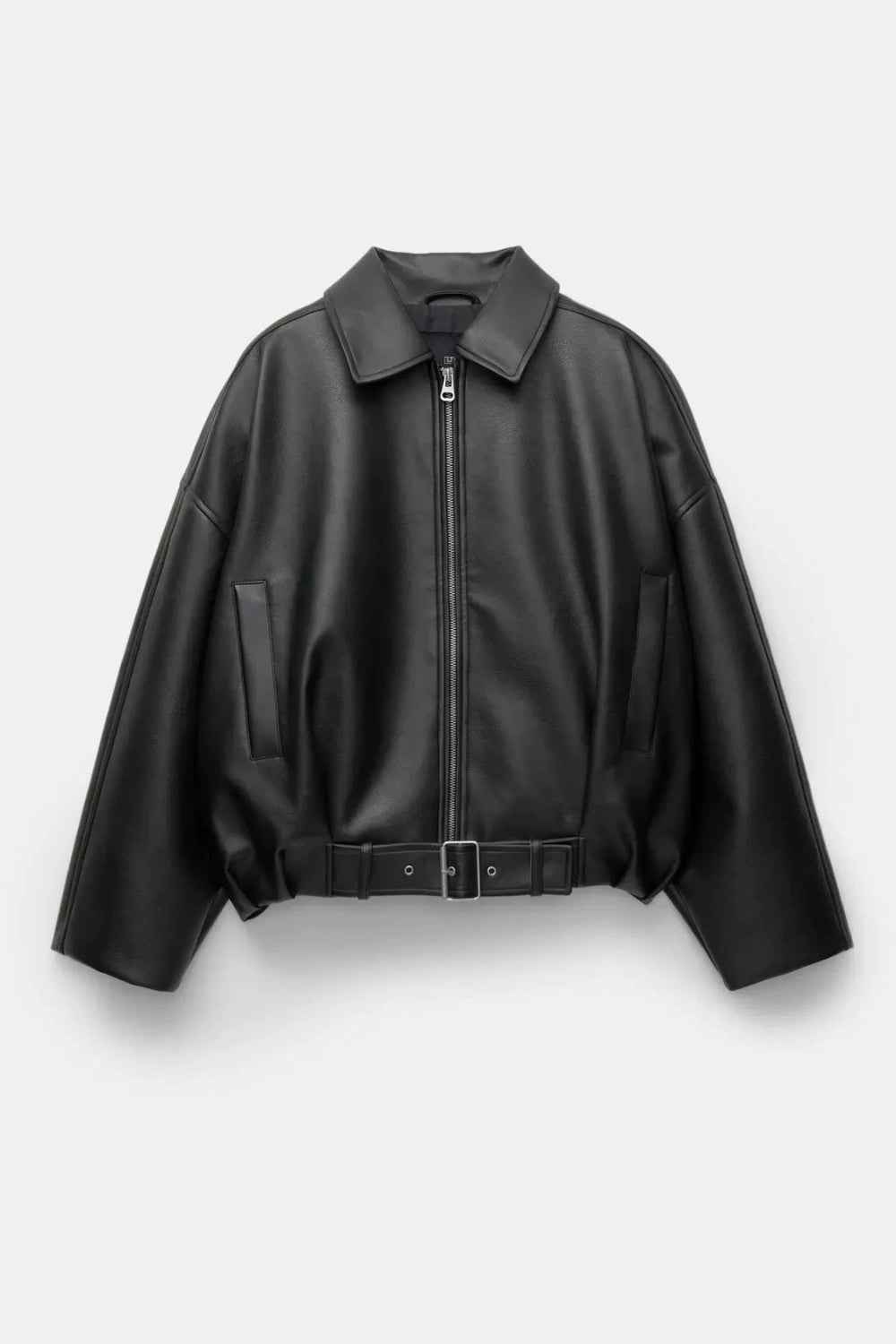 Black leather jacket on a white background